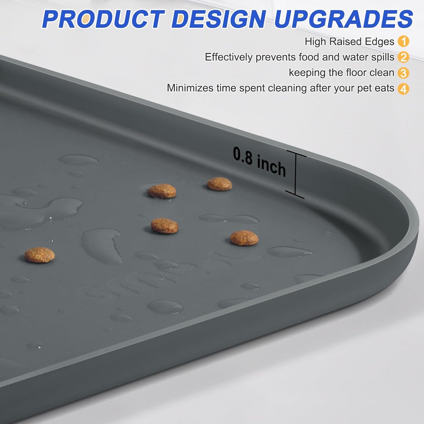 Silicone Pet Feeding Mat with Raised Edge for Food and Water, Dog Bowl Mats, Cat Bowls Placemat with High Lip for Floor Waterproof, Rubber Tray for Cats and Dogs 22 x 14 x 0.8 Dark Grey
