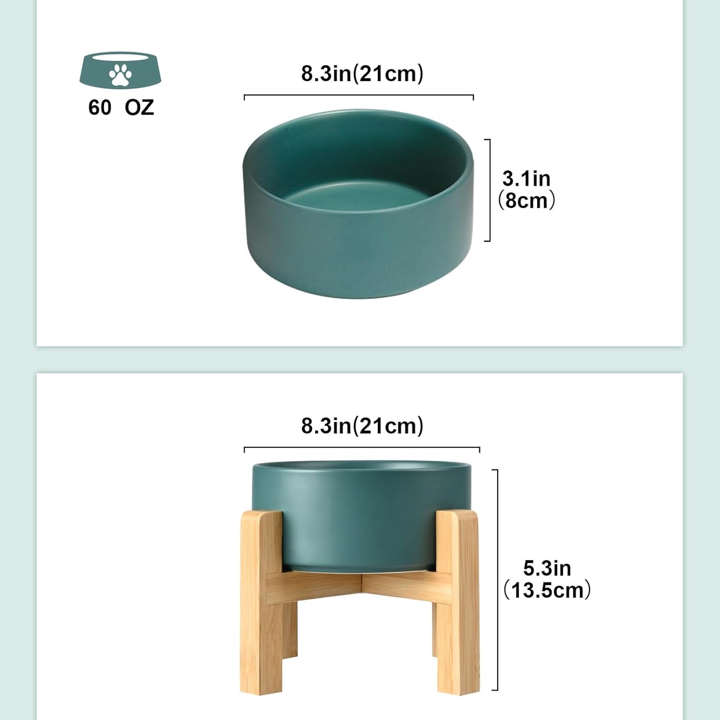 SPUNKYJUNKY Ceramic Elevated Dog Bowls 2 Pack - 8.3inch Raised Dog Bowls with Non-Slip Wooden Stand for Large Dogs Dishwasher Safe(Green,60OZ*2)