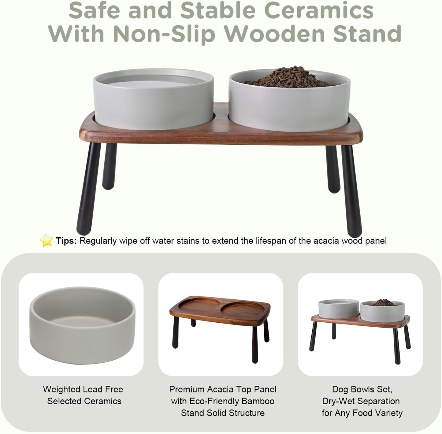 SPUNKYJUNKY Ceramic Elevated Dog Bowls Raised with Acacia Bamboo Wooden Stand, 8.3'' Dog Food Water Bowls Set Non-Slip for Medium Large Sized Breed Microwave Dishwasher Safe - 60 OZ,Grey