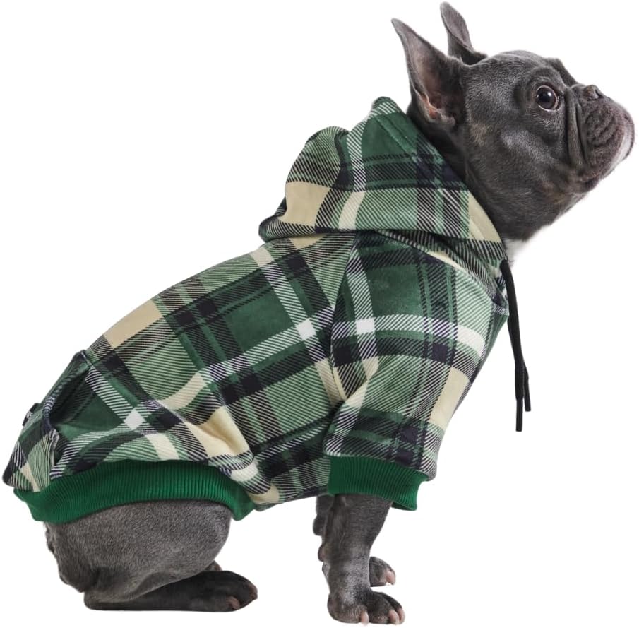 Spark Paws Dog Hoodie – Premium Dog Sweater for Small, Medium, and Large Dogs | Warm Outfits for French Bulldogs, Pitbull, Puppy, Winter Jacket Alternative - Green Plaid - L