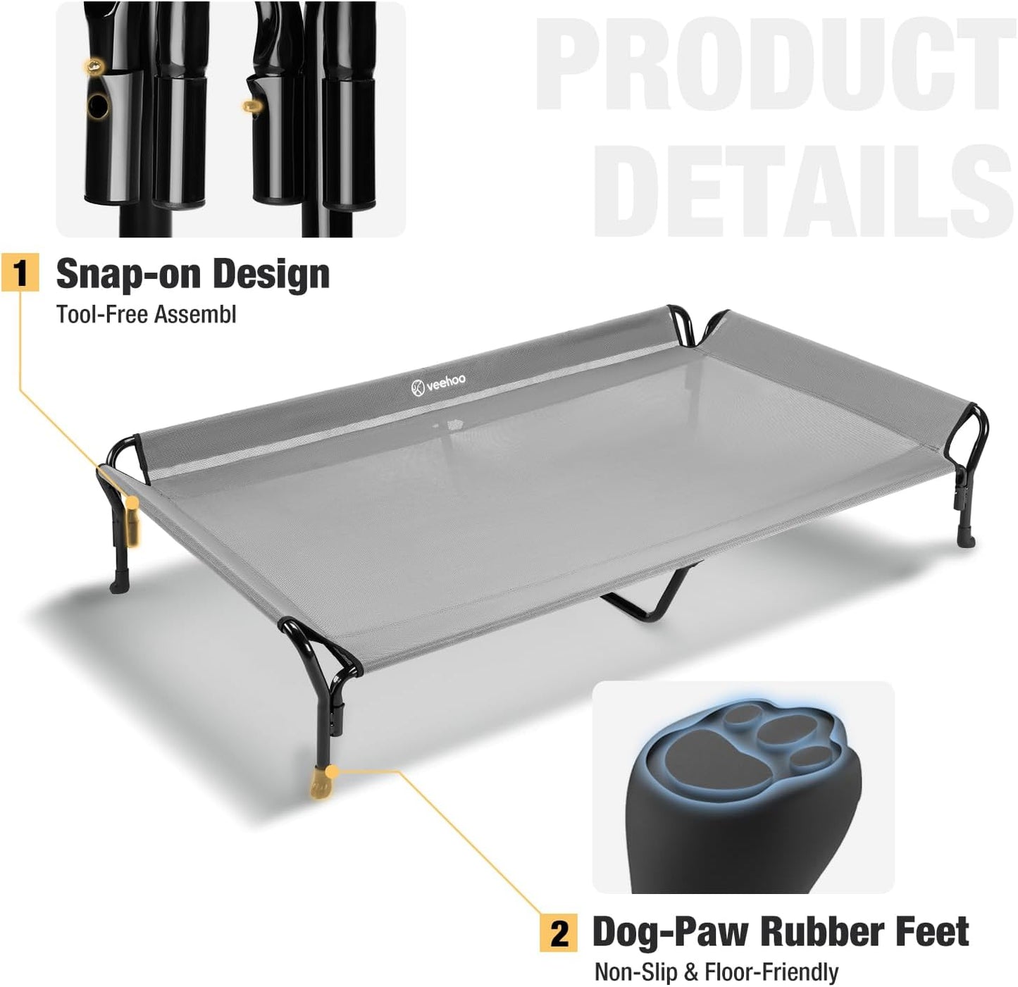 Veehoo Cooling Elevated Dog Bed, XL Raised Pet Cot with Guardrail & Slope Headrest, Durable Breathable Teslin Mesh, Non-Slip Feet, Washable Dog Couch Bed for Indoor & Outdoor, 50.5" x 33.5, Gray