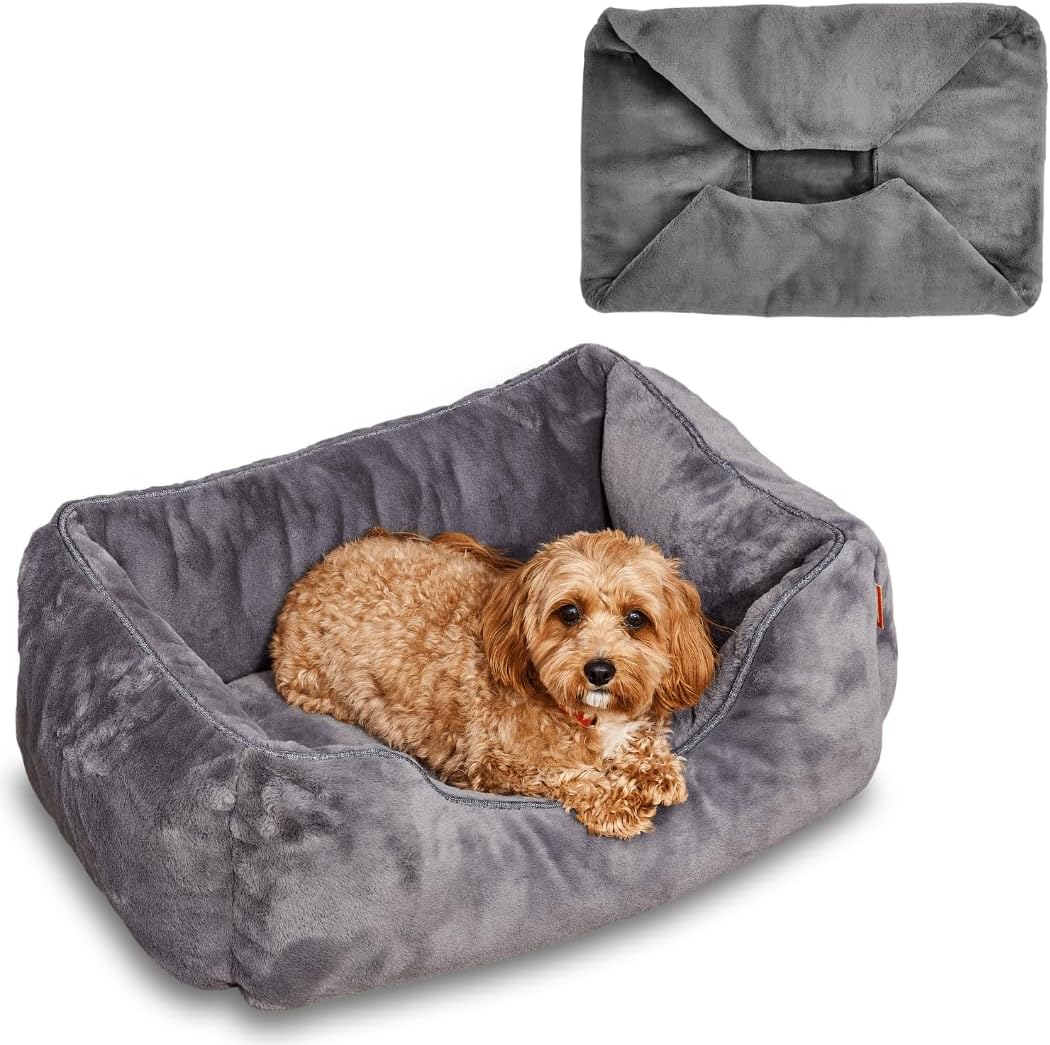 FUZI Luxury Aesthetic Dog Bed with Extra Cover for Small Dogs, Washable Pet Couch, Pet Bed with Sides, Non-Slip Bottom, Soft & Durable Calming Dog Bed, Faux Rabbit Fur, Small 25.1x16.75x9.5 Dark Grey