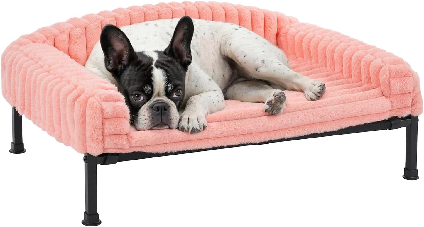 Veehoo Elevated Dog Bed with Bolster Cushion, Fluffy Plush Dog Couch Beds for Small Dogs, Cats, Washable Raised Pet Cot with Non-Slip Feet for Indoor or Patios Use, 24 x 18 Inches, Pink
