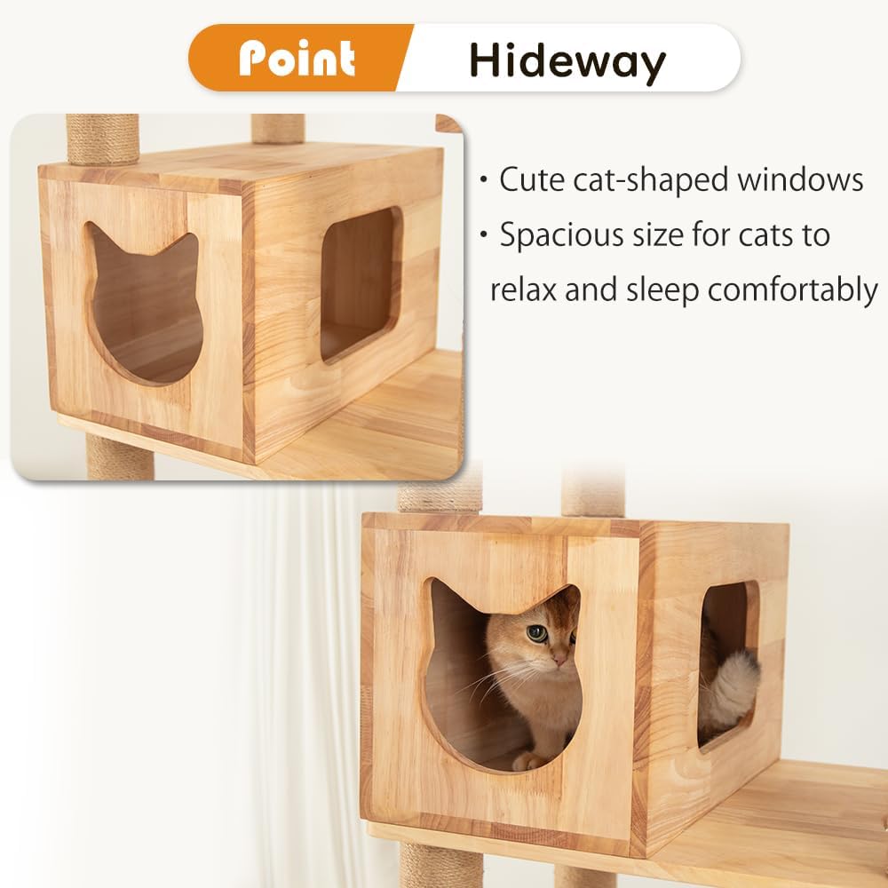 74.8" Wooden Cat Tree Tower for Large Cats, Multi-Level Cat Climbing Furniture with Scratching Posts, Cat Condo & Hammock, Natural Wood Cat Activity Center (Brown)