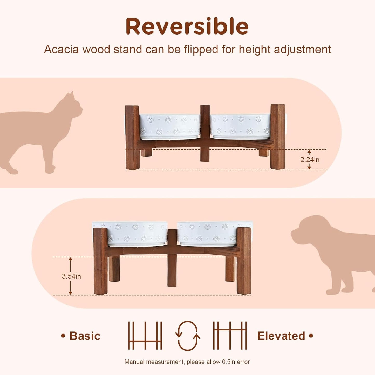 SPUNKYJUNKY Ceramic Dog Bowls Dog Bowl Set with Acacia Wood Stand Raised Dog Bowl Dog Food and Water Bowl for Small Medium Sized Dog (Shallow, 15.5cm)