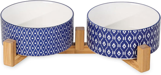 Selamica Ceramic 30 OZ Dog Bowls, Dog Food and Water Bowls with Wooden Stand, Anti-Slip Dog Dishes Set for Cats Small & Medium Sized Dogs, Weighted Pet Bowls Set of 2, Vintage Blue A