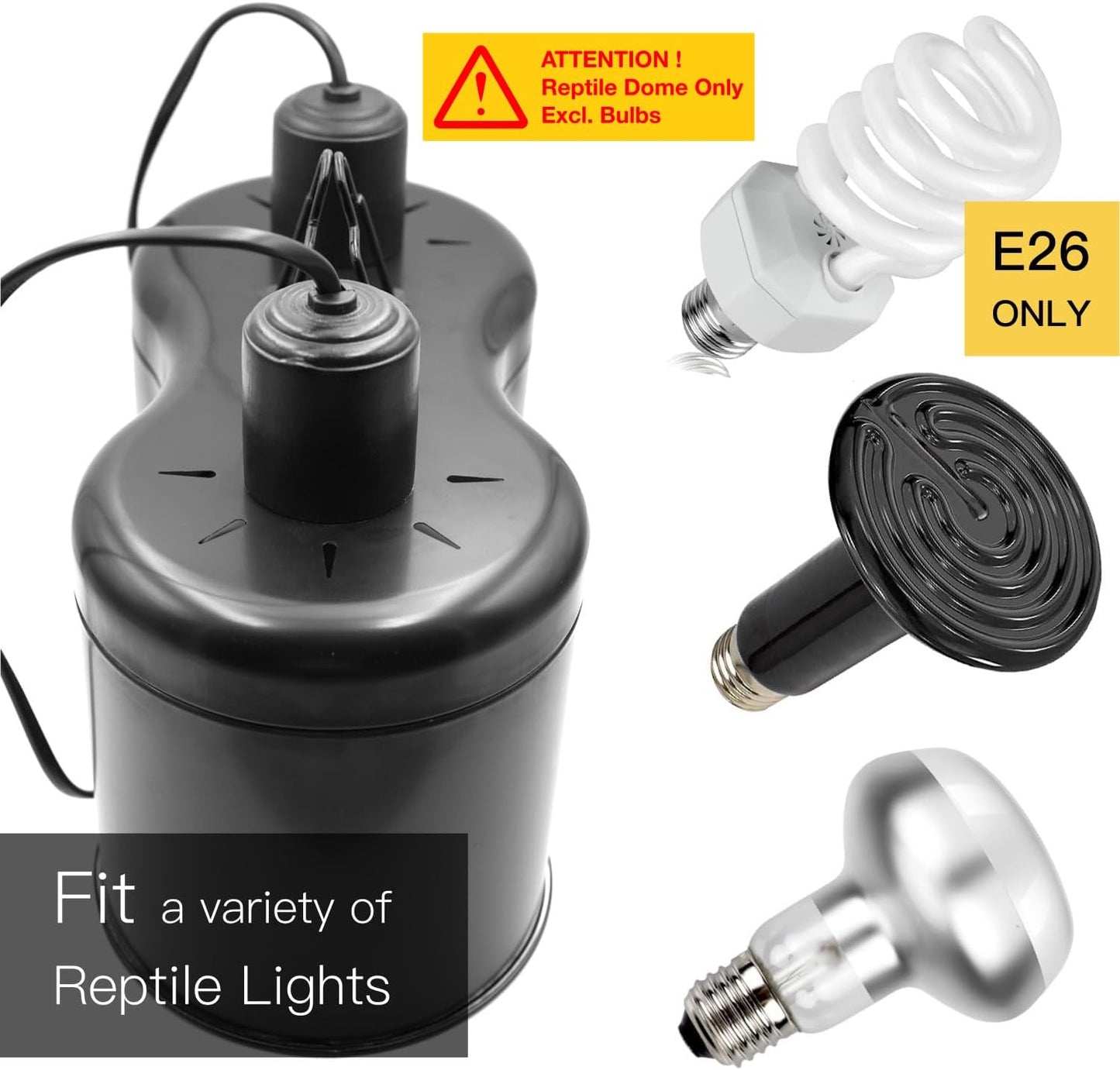 Reptile Dual Dome 12inch, Fits Reptile Light/Heat Lamp/UVB Light, Max. 160W Each,Patent Design K8561, Reptile Light Fixture