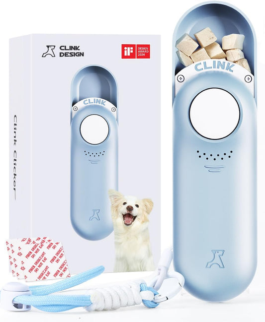 Clink Design Clicker Dog Trainer & Dog Treat Pouch Alternative, Puppy Essentials Dual Use 2 in 1 Dog Clicker for Training - Durable, Light (2.36 oz), Easy to Clean & Handle, Innovative Design, Blue