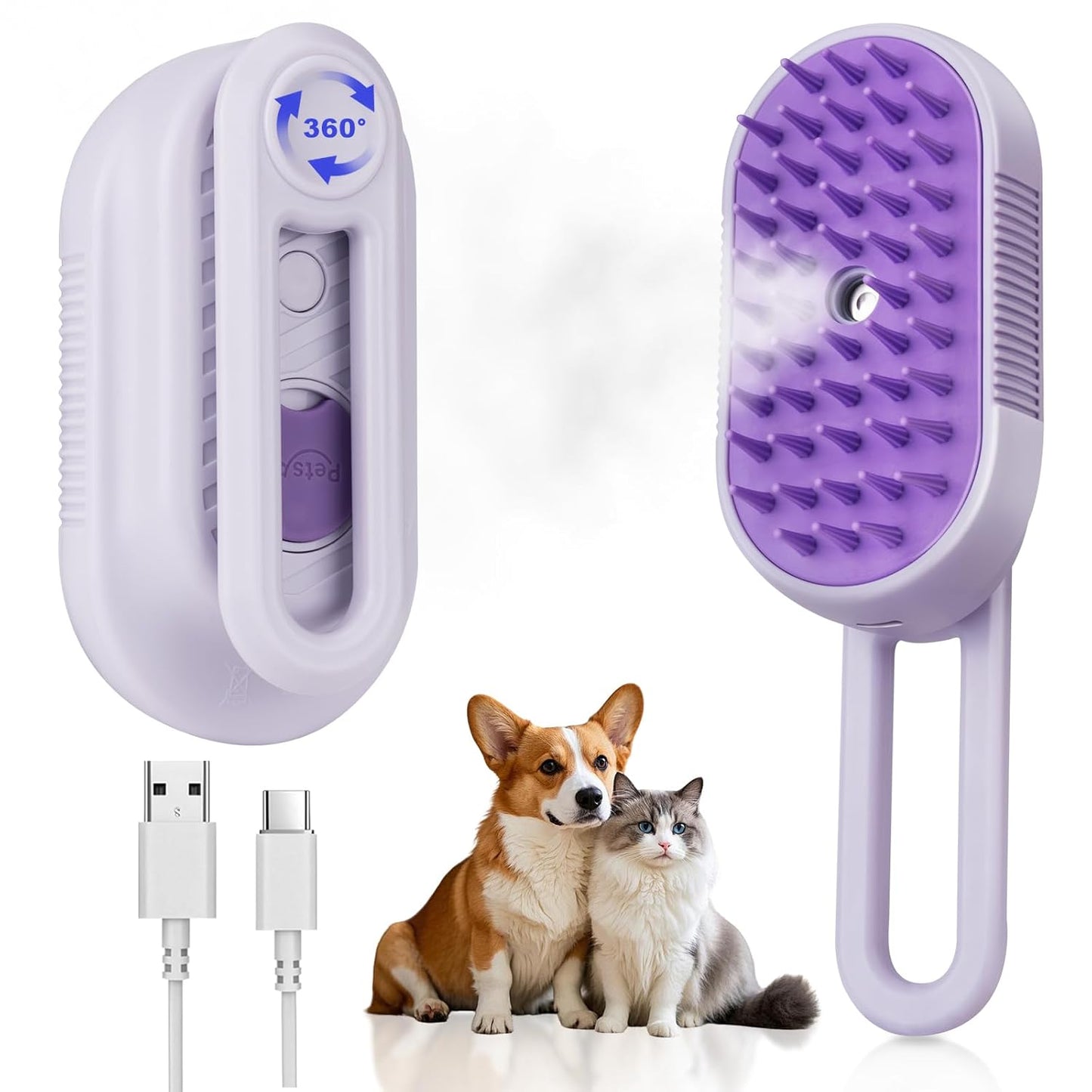Steam Brush for Cat & Dog – 3-in-1 Spritz Pet Spray Hair Removal Comb for Grooming & Shedding Steam – Water Brush for Long