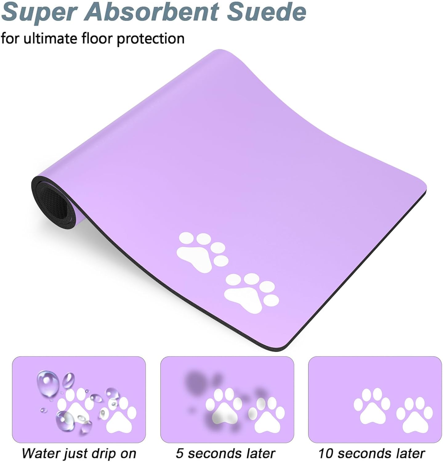 Rnivvi Dog Food Mat, 16" x 24" Footprint Absorbent Dog Cat Bowl Mat for Food and Water, Cute Anti-Slip Rubber Pet Feeding Rug Protect Floors, Puppy Placemat for Feeding & Watering Supplies, Purple