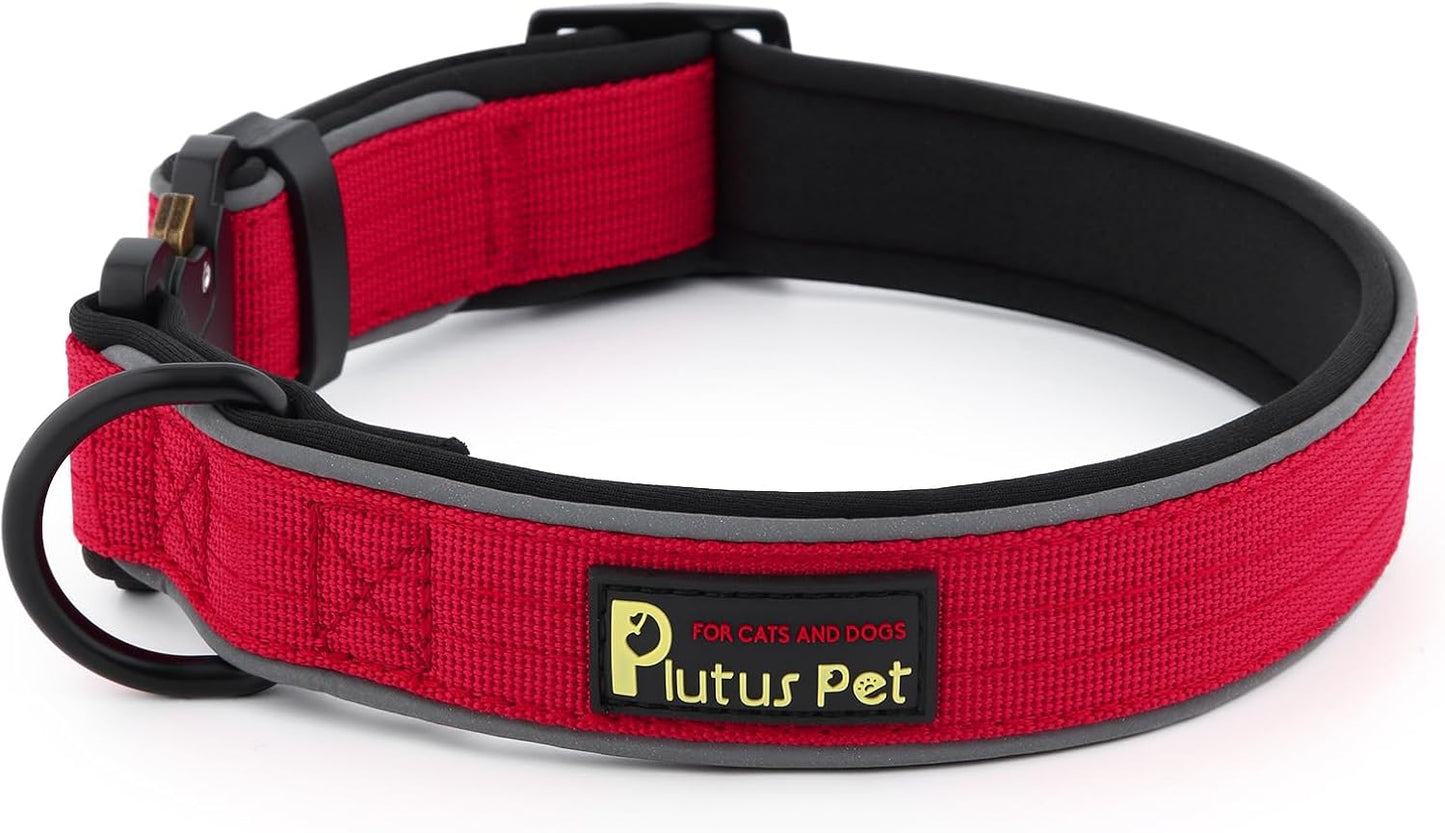 Plutus Pet Tactical Dog Collar, Reflective, Adjustable Heavy Duty Dog Collar, Soft Padded and Comfortable, for Small Medium and Large Dogs (Red, XL)