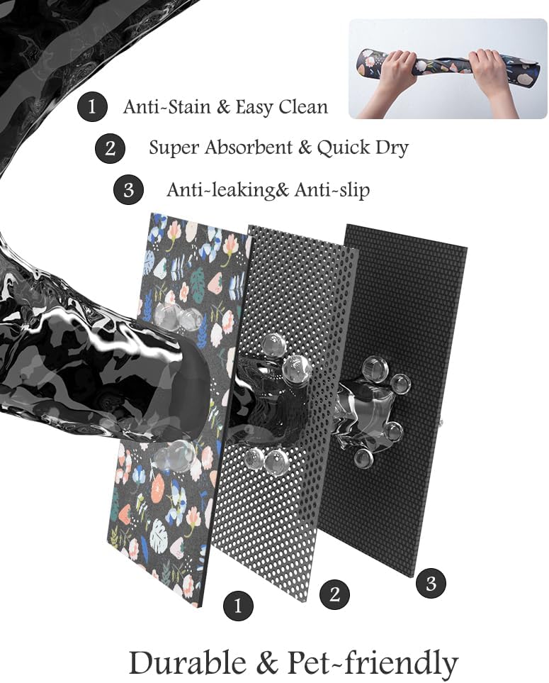 Pet Feeding Mat-Absorbent Dog Mat for Food and Water Bowl-No Stains Quick Dry Water Dispenser Mat-Dog Accessories Pet Supplies-Bowl for Messy Drinkers（DARKFLOWERS,17"x34"