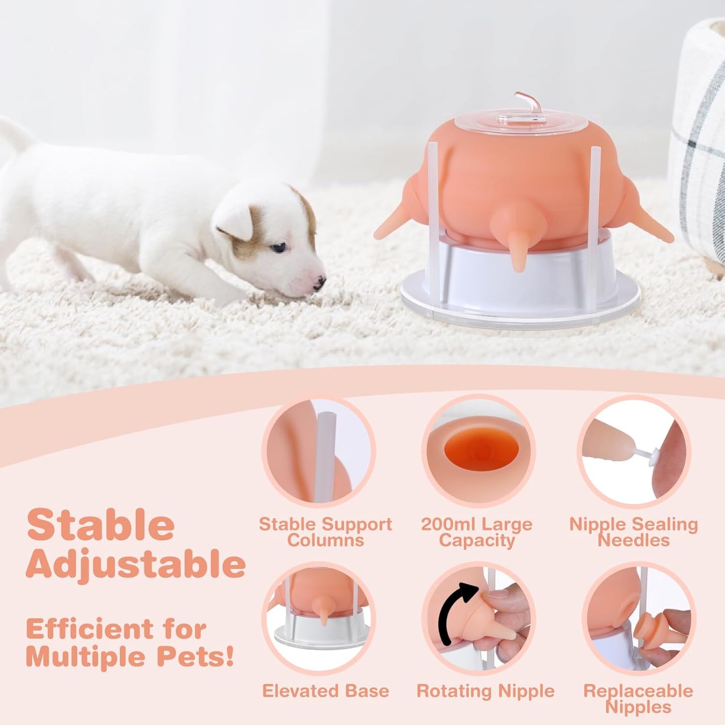 Nursing Nipple Puppy Feeders for Multiple Puppies, 200ml Food-Grade Silicone with 4 Adjustable Detachable Nipples, Smooth Flow Nipple for Kitten Bottle Feeding Kit(Pink)