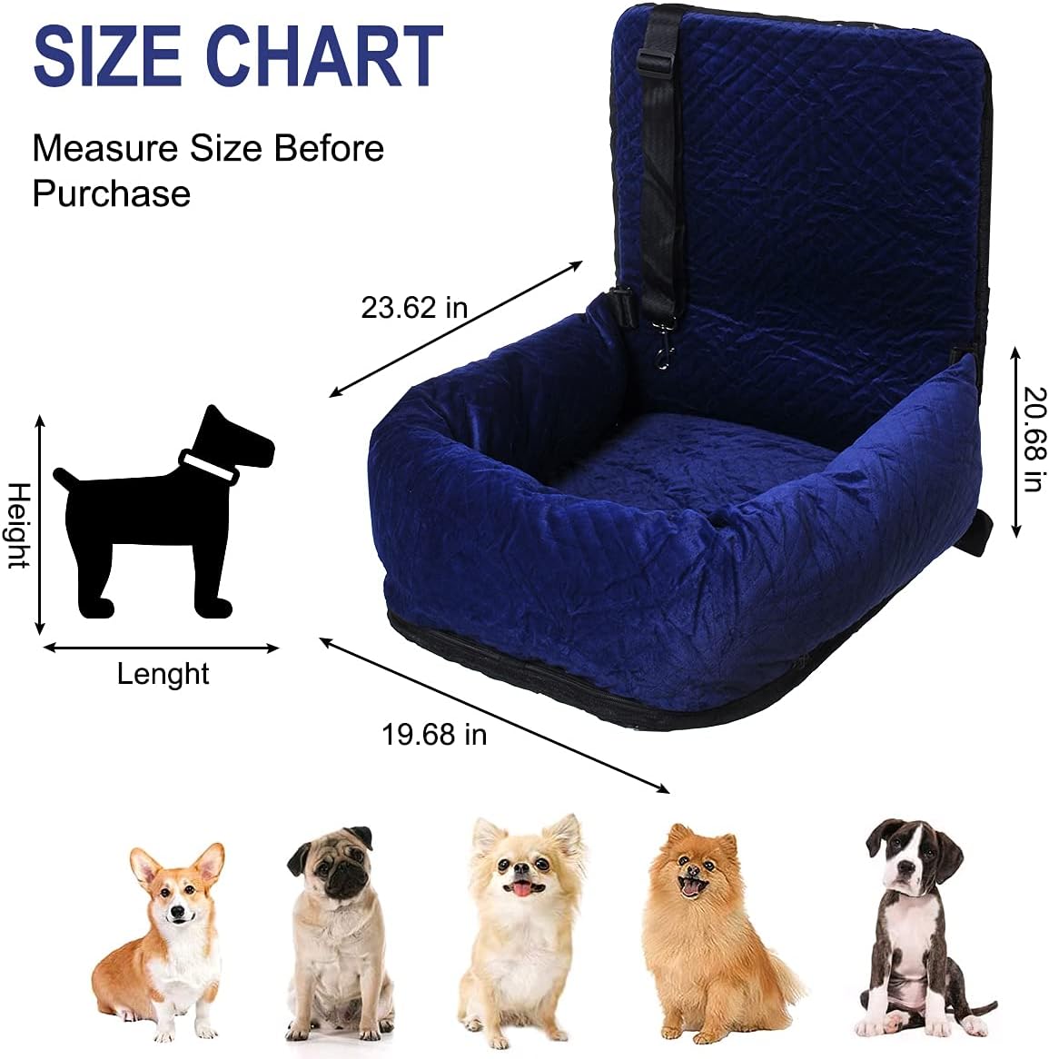 Dog Car Seat for Small Medium Dogs Up to 40lbs, Detachable Washable Soft Pet Booster Travel Bed for Front & Blue Seat with Safety Leash Belt