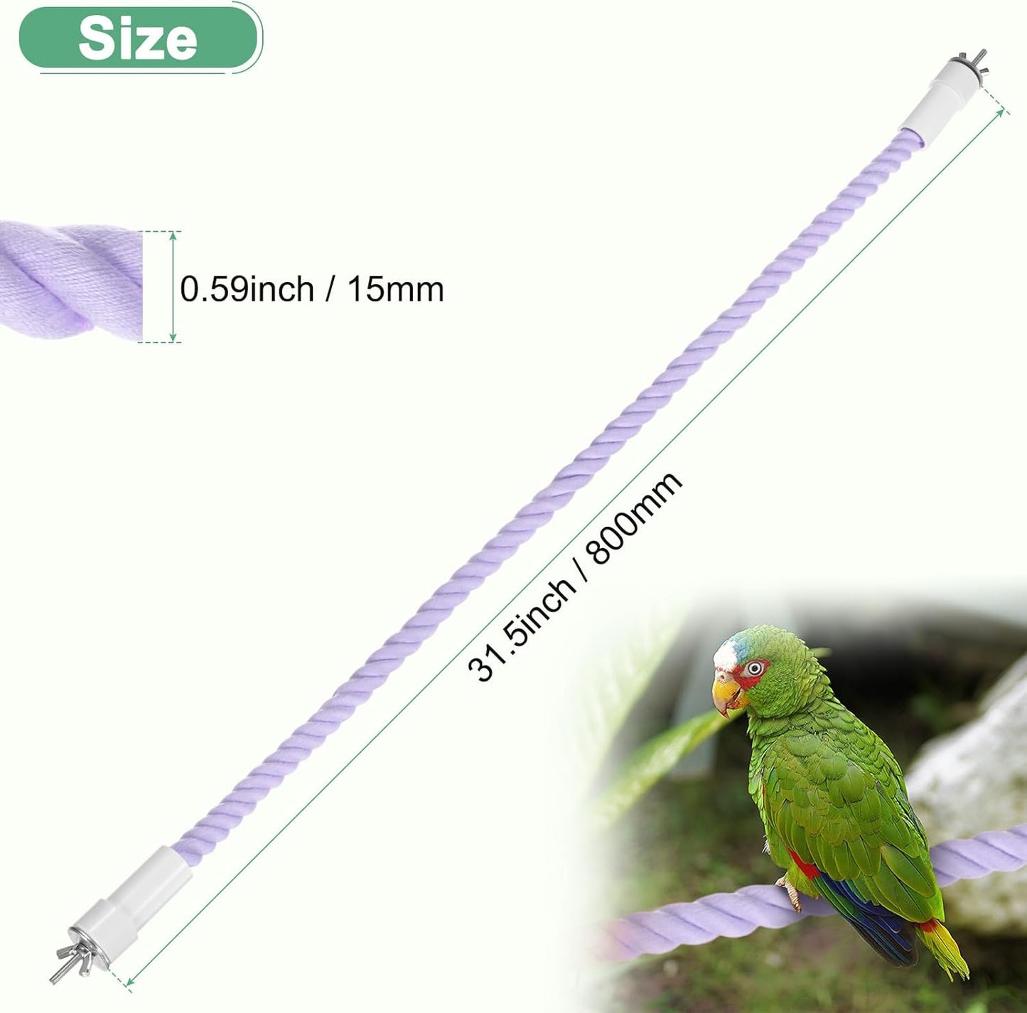 1-Pack Rope Perches for Bird Cages, 31.5 in Length Comfort Grip Flexible Rope Perch Beak & Paw Grinding for Parrots/Cockatiels/Parakeets, Bird Platform Sand [Purple]