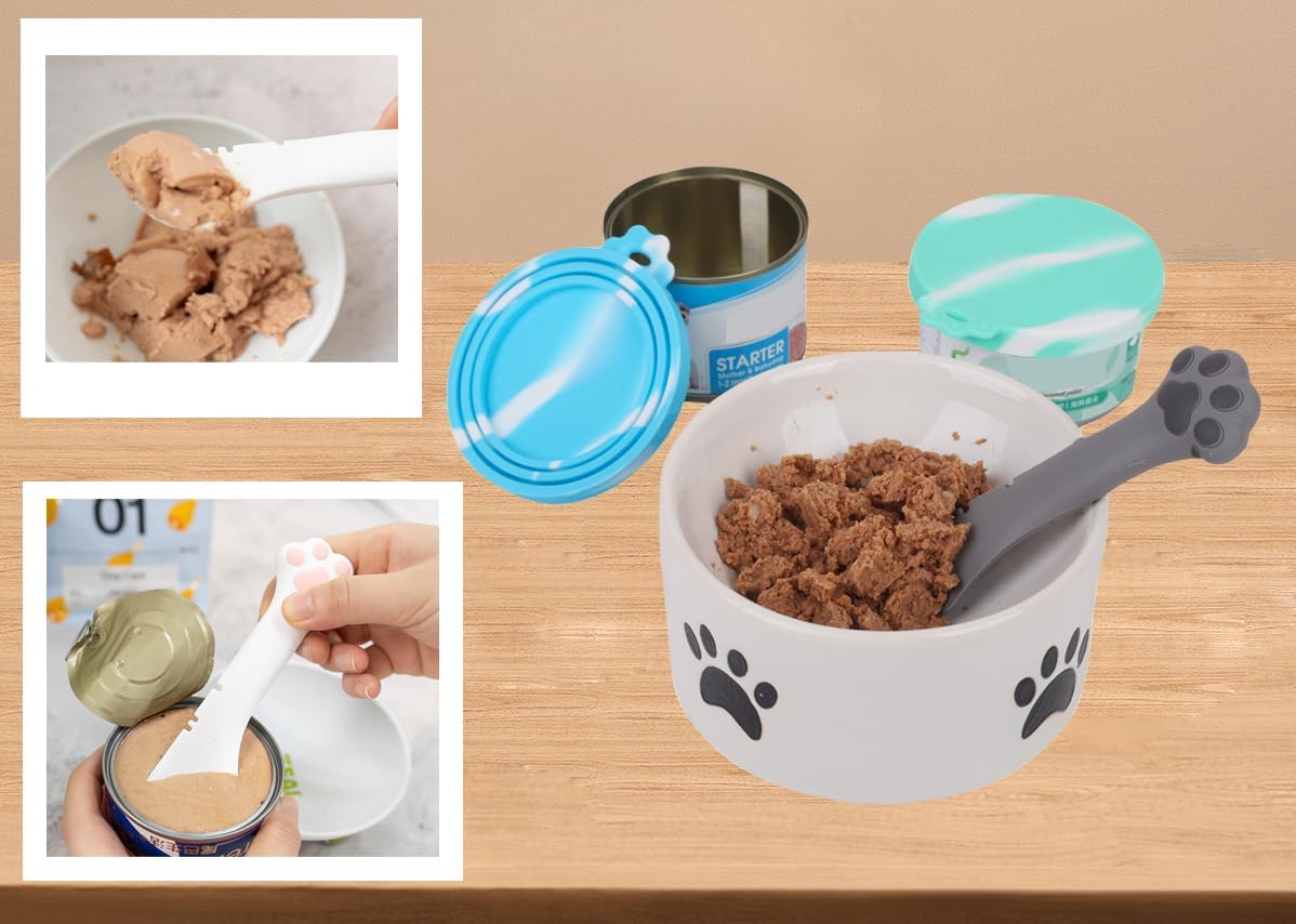 Comtim 5 PCS Pet Food Can Lids & Spoons Set - Silicone Dog Cat Food Can Covers Lids Top/Multi-Function Cat Food Spoon Spatula Can Opener for Wet Food/Long Handle Spoon Easy to Scoop Food