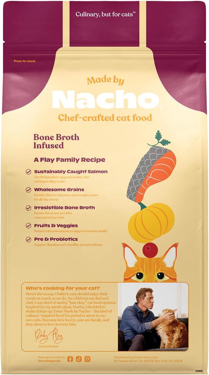 Made by Nacho Dry Cat Kibble 2lb Bag, High Protein and Grain-Friendly Premium Cat Food, Sustainably Caught Salmon and Pumpkin, Infused with Bone Broth for Hydration, Limited Ingredients, Single Bag