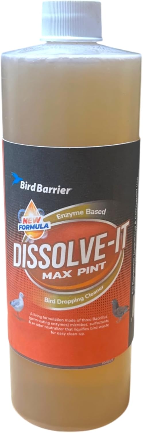 Bird Barrier Dissolve-It Max Enzyme Cleaner - Bird Dropping Cleaner - Dissolves Waste – Treat Affected Areas Before Installing Bird Control Products - Cleans pet stains - 1 Pint Makes 1/2 Gallon