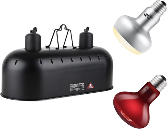 DXOPHIEX 15 inch Dual Reptile Light Fixture, Max 150W Dual Dome Reptile Heat Lamp with 100W Basking Bulb&Infrared Heat Lamp, UVB Light Fixture for Terrarium and Tortoise Habitat