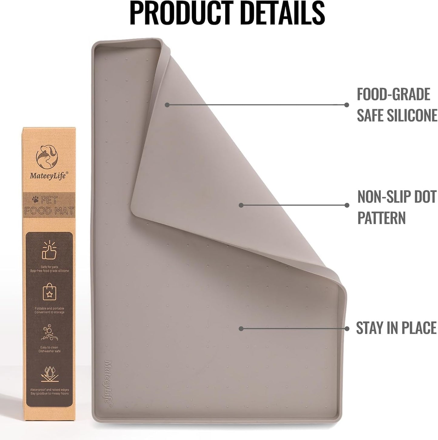 MateeyLife Dog & Cat Food Mat - Waterproof, Nonslip, Raised Edges, Silicone Tray for Messy Drinkers, 18"x12", Taupe