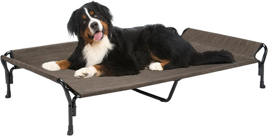Veehoo Cooling Elevated Dog Bed, Guardrail Raised Pet Cot, Indoor & Outdoor XXL Pet Bed with Washable & Breathable Teslin Mesh, Non-Slip Feet, Dog Couch Bed, 62.5" x 37", Brown