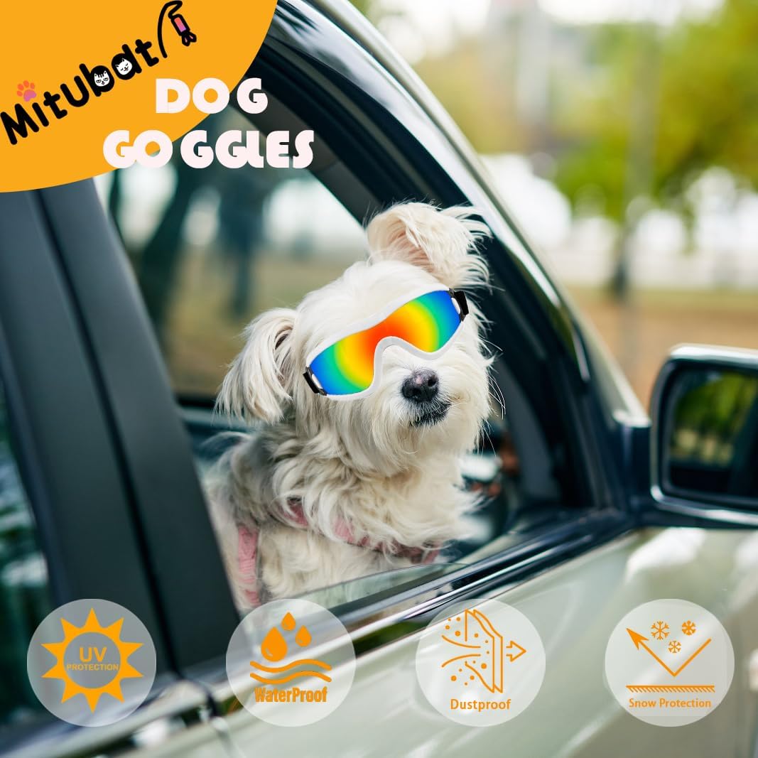 Dog Goggles Small Breed Dog Sunglasses with Adjustable for UV Protection Eyewear Doggy Doggie Puppy Glasses Anti-Fog Wind Dust Snowproof (White Frame Red Lens)