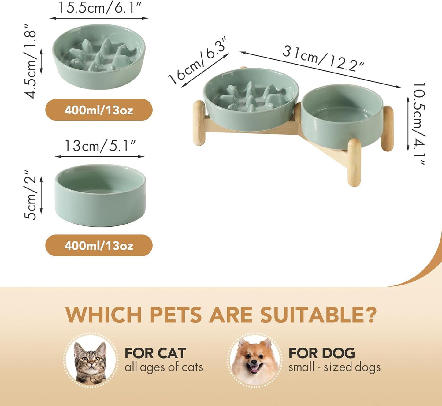 Ceramic Raised Slow Feeder Dog Bowl Set, Elevated 5.1inch Bowl and 6.1inch Slow Pet Food Dish with Wooden Stand for Small Dog and Cat (2 x Light Green+ Stand)
