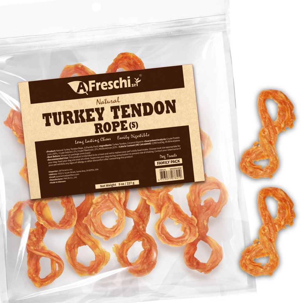 Afreschi Natural Turkey Tendon Rope (S) 8 oz, USA-Sourced Turkey Tendon, All Natural Puppy Chew, Hypoallergenic, Rawhide Alternative, for Small Breeds