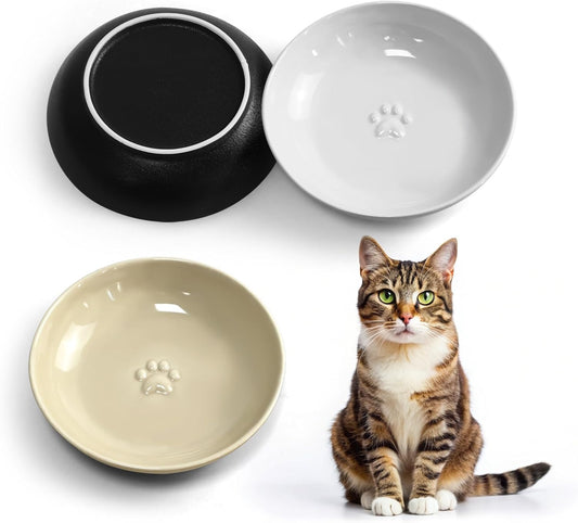 3PCS Cat Food Bowl,Ceramic Cat Dish for Indoor Cats,Wide Shallow Cat Bowls for Dry and Wet Food,Anti Whisker Fatigue Cat Plates for Kitten Cats or Dogs