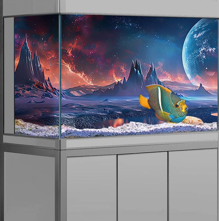 Scarlet Cosmic Aquarium Background,Cool Galaxy Parallel Space Themed Fish Tank Background, Tropical Desert Terrarium Background 48X18IN with 8 EVA Double-Sided Tape