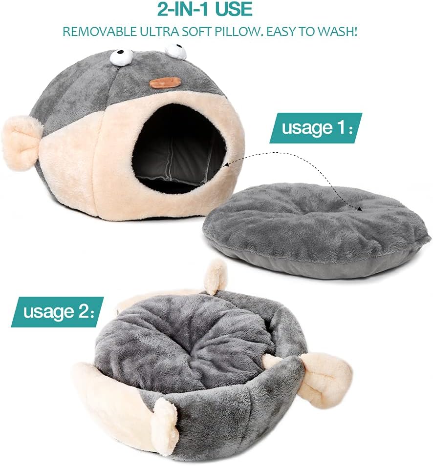 Cat Beds for Indoor Cats - Cat Bed Cave with Removable Washable Cushioned Pillow, Soft Plush Premium Cotton No Deformation Pet Bed, Lively Pufferfish Cat House Design, Grey, Multiple Sizes(L)