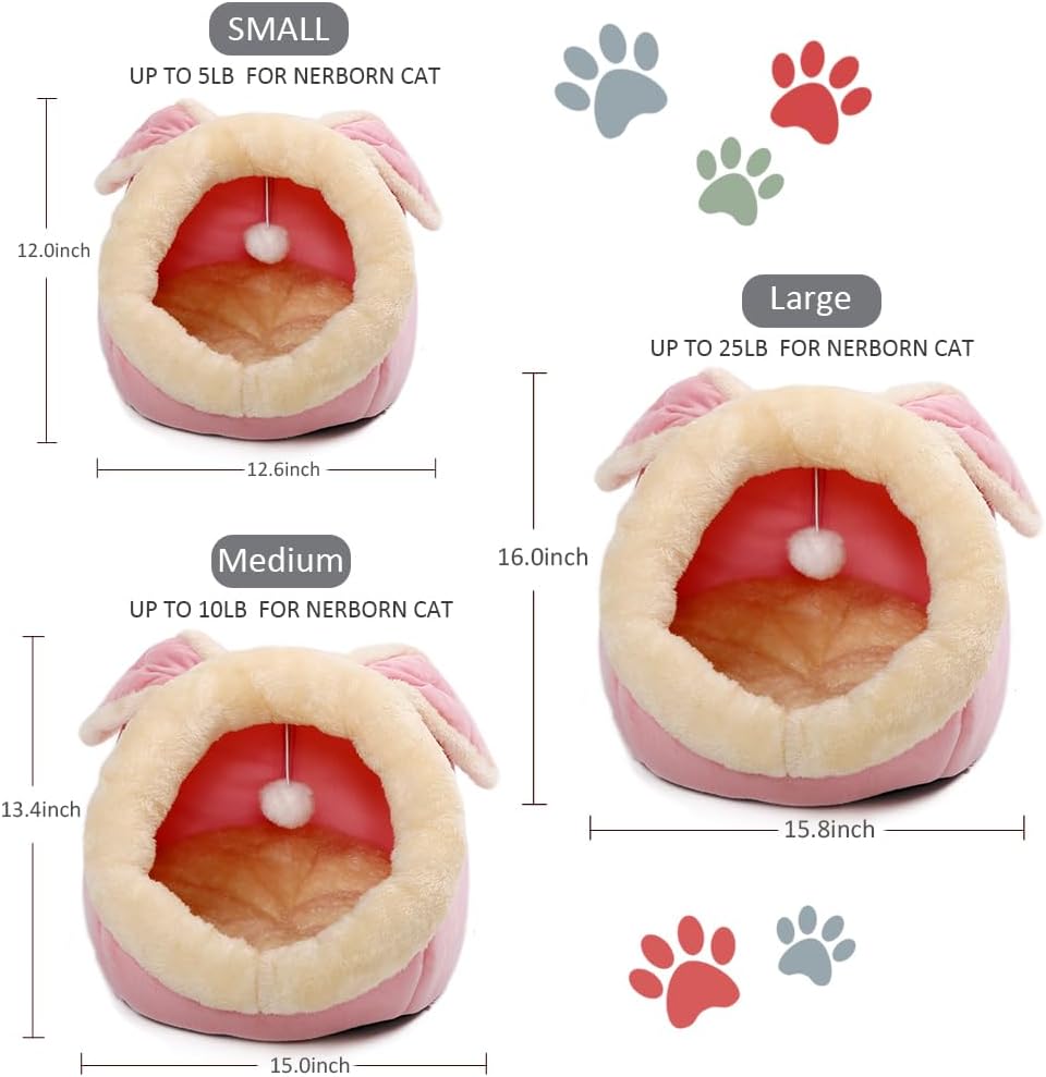 Lcybem Cat Beds for Indoor Cats - Rabbit-Shaped Cat Cave Bed with Hanging Toy,Super Soft Calming cat Tent for Kitten&Puppy,Small Dog,Warm Plush&Machine Washable&Removable Cotton Pad (Pink L)