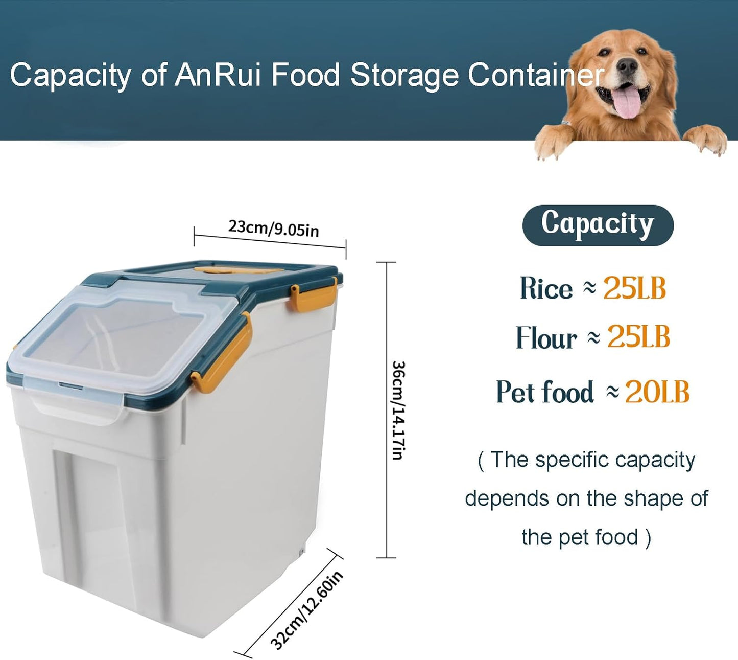 AnRui Dog Food Storage Container with Scoop, Large Airtight Plastic Pet Dog Cat Dry Food Bin, Cereal Grain Organizer Box for Rice, Flour, Snack, Baking Supplies, Kitchen Pantry, Blue