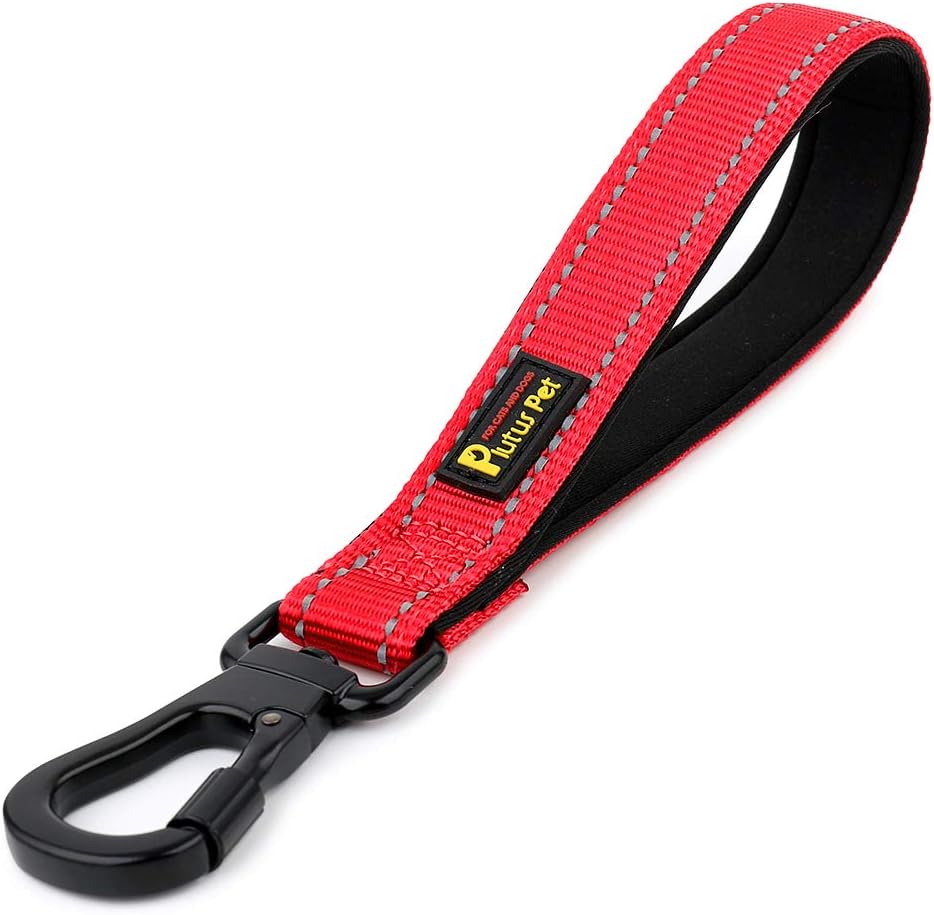 PLUTUS PET 10” Short Dog Leash, Reflective Nylon Padded Handle, Strong Traffic Leash with Carabiner Clip, Perfect for Large or Medium Dogs（10”，Red