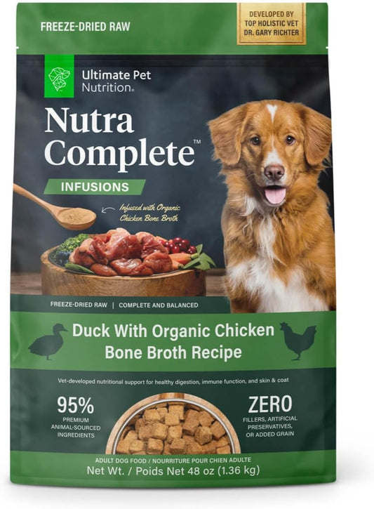 ULTIMATE PET NUTRITION Nutra Complete Bone Broth Infusions, 100% Freeze Dried Raw Veterinarian Formulated Dog Food with Antioxidants Prebiotics and Amino Acids (3 Pound, Bone Broth Duck)