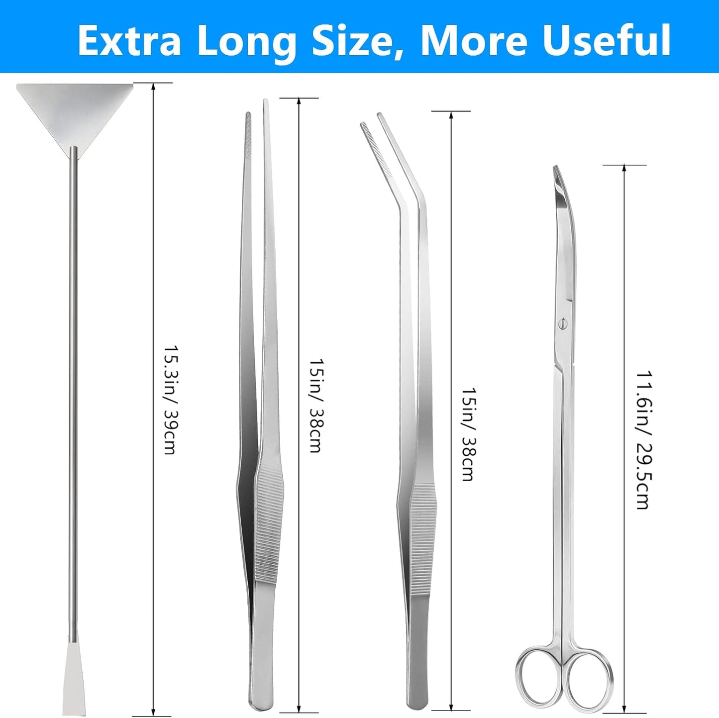 Aquarium Aquascape Tools Kit 15in, 4 in 1 Anti-Rust Aquatic Plant Aquascaping Tool Stainless Steel Tweezers Scissor Spatula for Aquarium Tank Clean Fish Tank Aquascape Accessories Set(Silver)