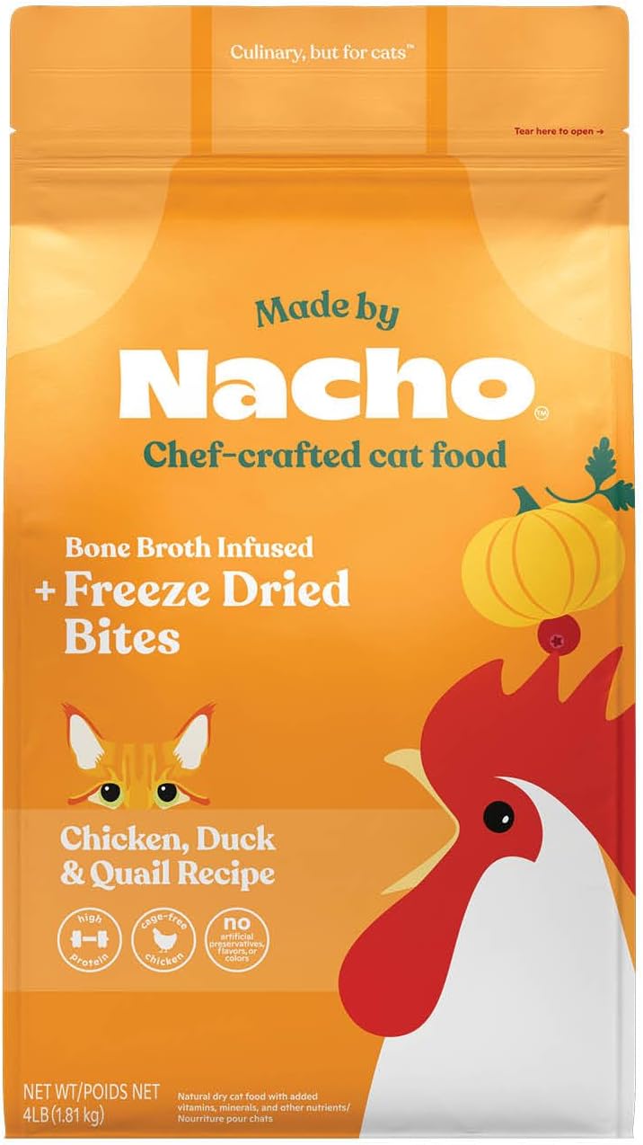 Made by Nacho Dry Cat Kibble 4lb Bag, High Protein Premium Cat Food with Freeze Dried Pieces, Cage-Free Chicken & Duck, Limited Ingredients, Single Bag