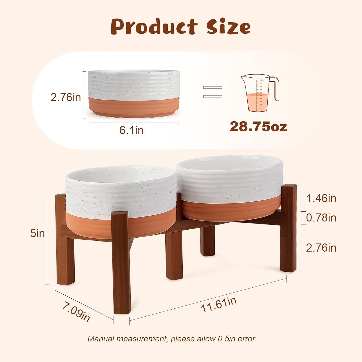 SPUNKYJUNKY Ceramic Elevated Dog Bowl Set with Acacia Wood Stand for Food and Water for Small Medium Sized Dog (28.74 OZ, White and Reddish Brown)