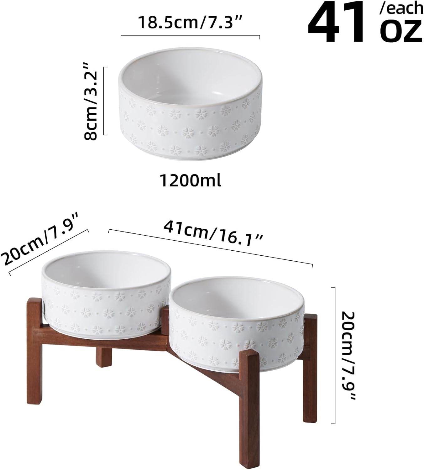 7.3inch Ceramic Raised Double Bowls Set with Acacia Wood Stand, Food & Water Bowls for Medium Breed Dogs, Weighted Dog Dishes, Pet Bowl(41OZ, Arctic White)