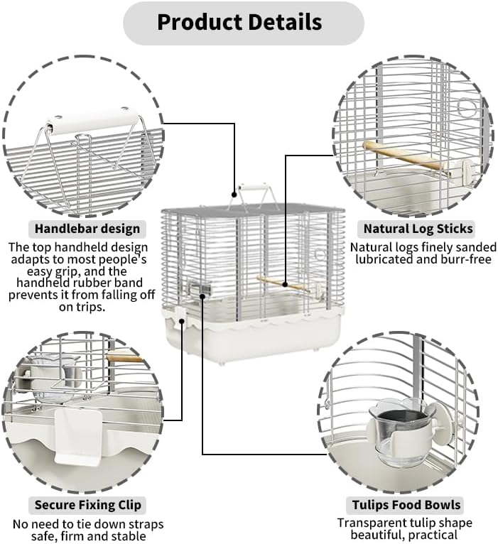 Bird Carrier Travel Cage, Durable Portable Stainless Steel Birdcage with Bird Perch & Feeding Bowl for Parrots Canaries Budgies Lovebirds Conures Cockatiels (Large White)