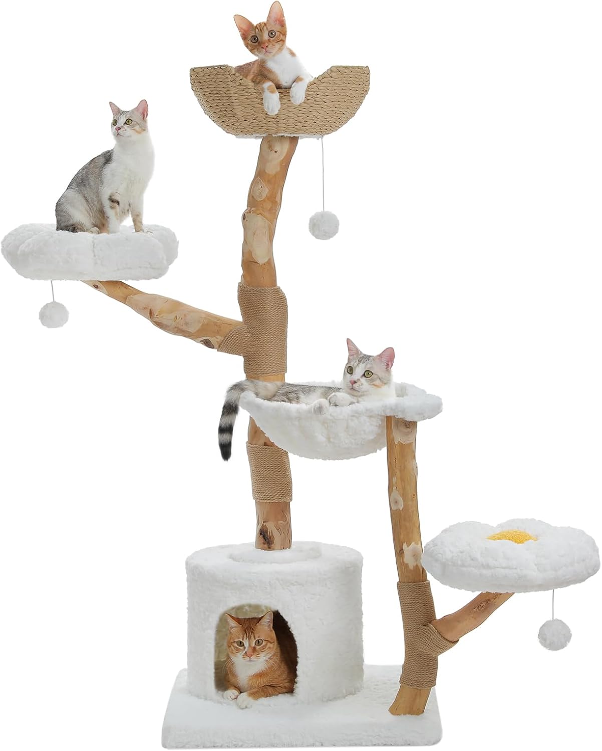PAWZ Road Cat Tree for Indoor Cats Large Adults, 59 Inches Modern Cat Tower with Large Basket and Hammock, Natural Solid Wood, Luxury Condo & Dual Perches, Modern Cat Furniture for Big Cats, White