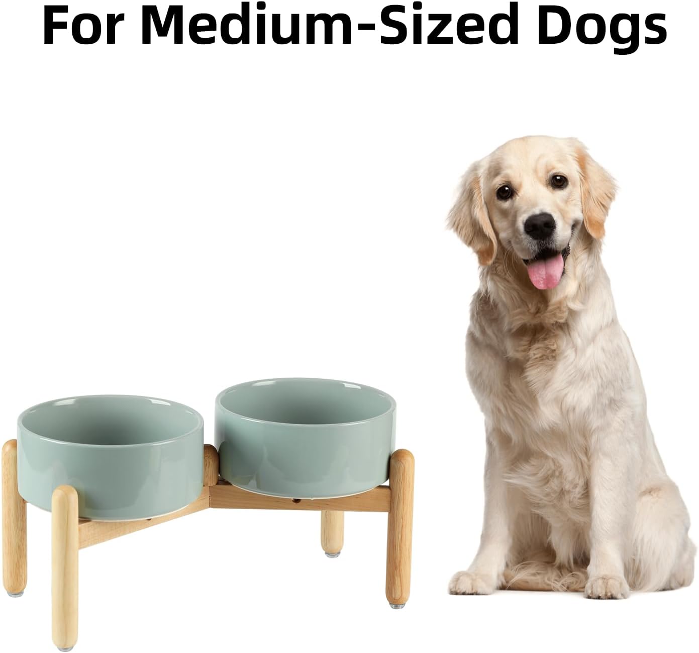 Ceramic 7.3inch Raised Double Bowls Set with Wooden Stand, Food & Water Bowls for Medium Breed Dogs, Weighted Dog Dishes, Pet Feeder(Light Green)