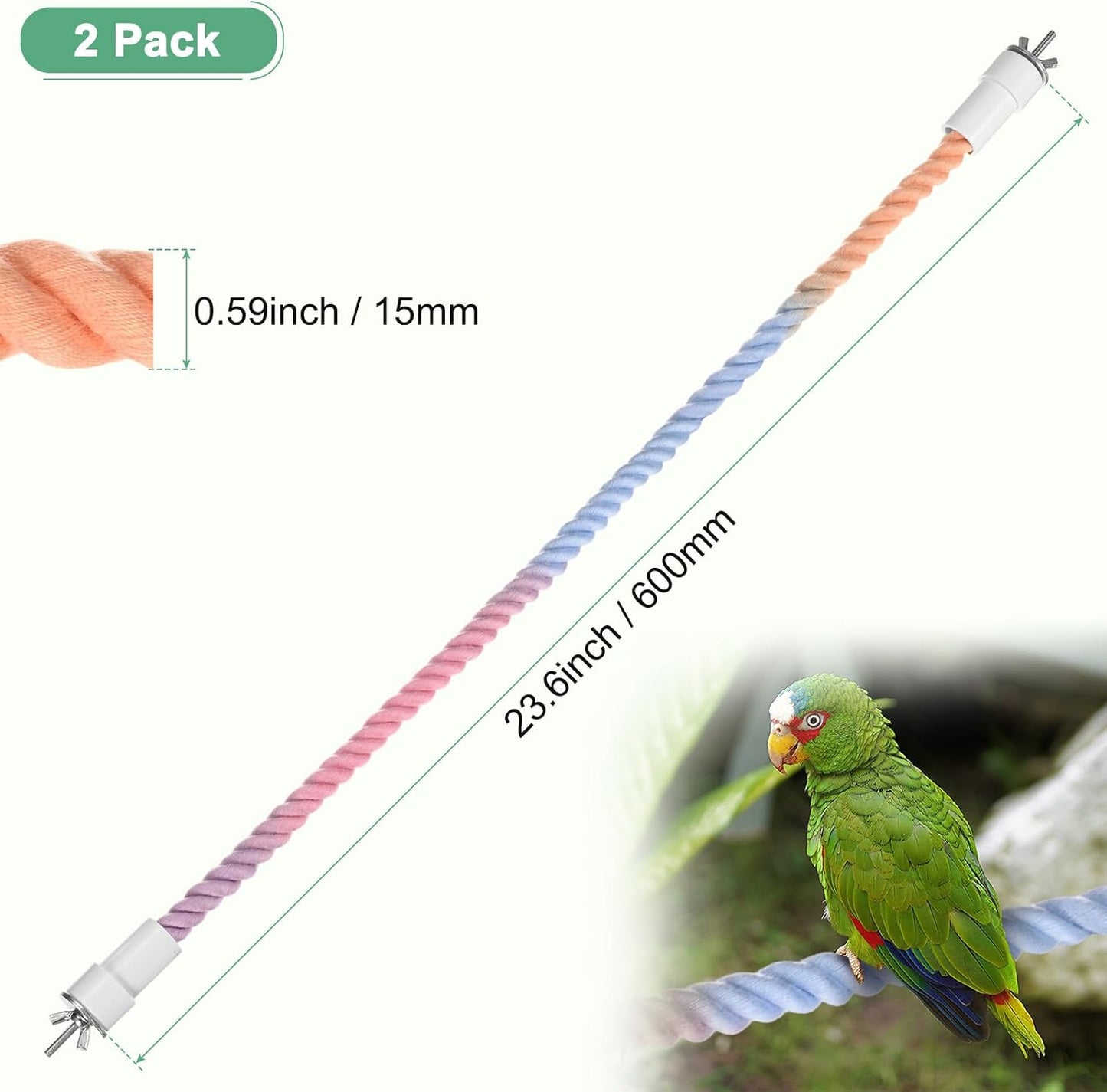 2-Pack Rope Perches for Bird Cages, 23.6 in Length Comfort Grip Flexible Rope Perch Beak & Paw Grinding for Parrots/Cockatiels/Parakeets, Bird Platform Sand [Pink Blue]