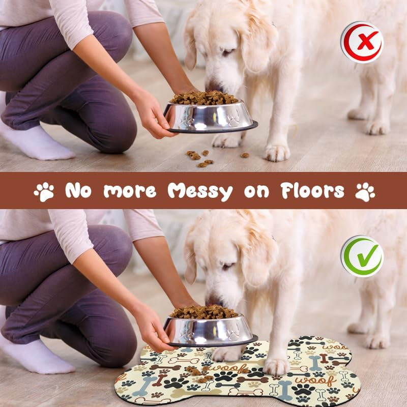 Dog Food Mats for Floors Waterproof, Pet Feeding Absorbent Water Bowl Mat Cat Placemats Beige Bone Shape 25.5 * 17 inch