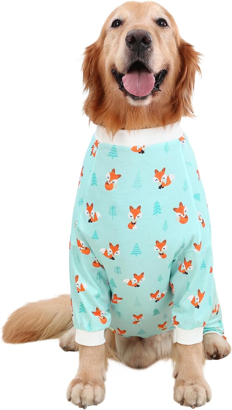 HDE Dog Pajamas One Piece Jammies Jumpsuit Pet Clothes Outfit Stretchy Lightweight Comfy Shirt Pjs for M-3XL Dogs Winter Foxes - XL