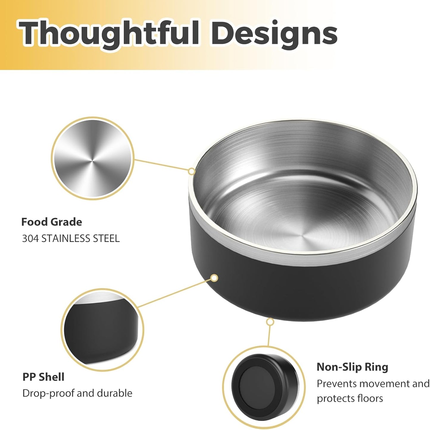 Stainless Steel Dog Bowl, Metal Water and Food Dish for Large Dogs, Insulated Non-Slip Pet Bowl, Easy Clean, 64oz, Black