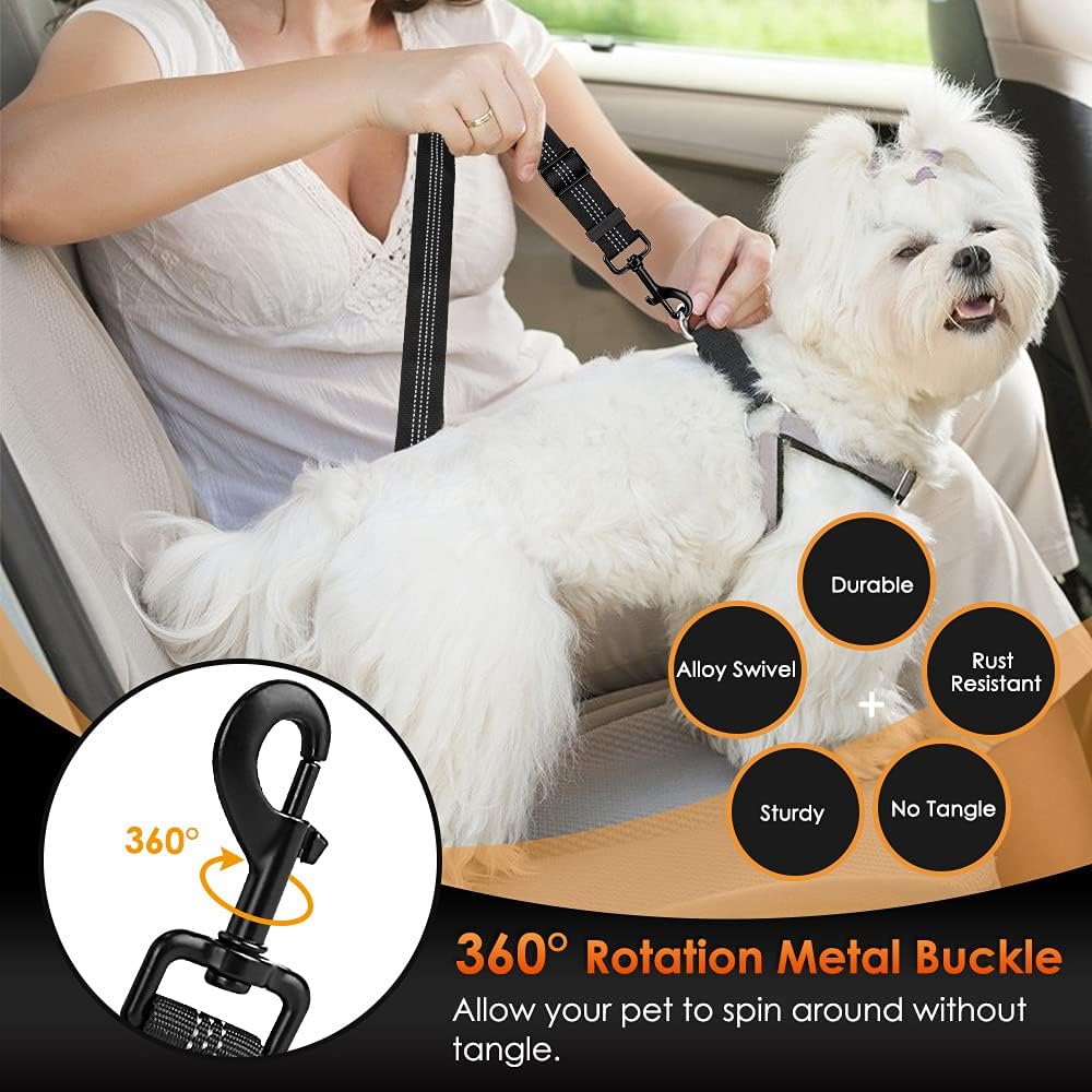 SlowTon Dog Seat Belt, Adjustable Dog Safety Belt Leash, 2 in 1 Latch Bar Attachment Dog Car Seatbelt with Elastic Nylon Bungee Buffer, Reflective Nylon Belt Tether Connect to Dog Harness (2Black)
