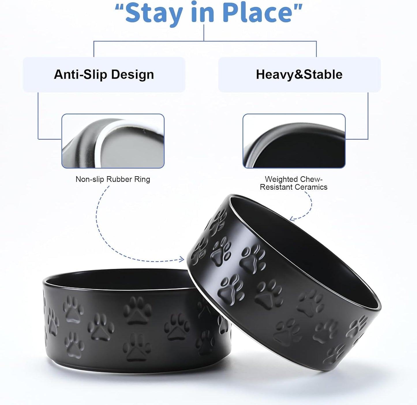 SPUNKYJUNKY Ceramic Dog and Cat Bowls 2 Pack, 6.1'' Dog and Cat Food Water Double Feeding Bowls Non-Slip for Large Sized Breed Microwave Dishwasher Safe - 28.7 OZ, 2pcs, Paw Black