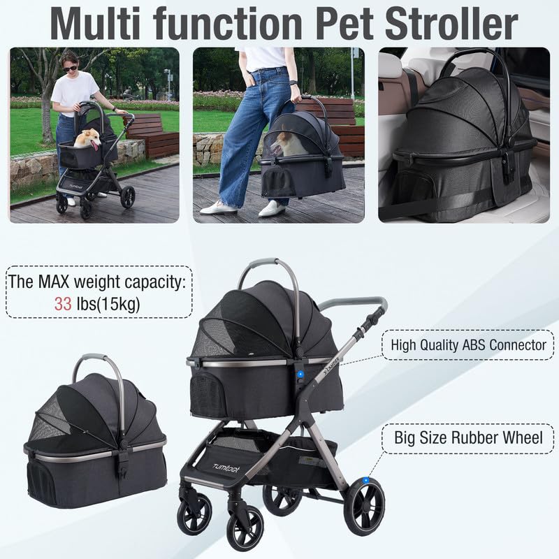 Pet Stroller for Small Medium Dogs, Cat Carriage Travel System Four Wheel Dog Stroller with Carrier, Zipperless Entry/Cup Holder/Storage Basket
