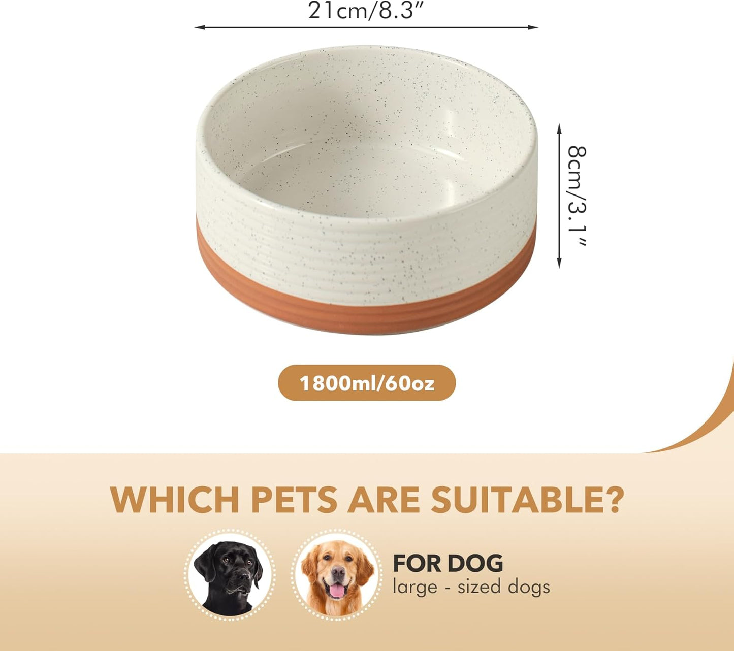 Ceramic 8.2inch Dog Bowl for Large Breed Dogs, Anti-Slip and Weighted Pet Food and Water Dishes(Single Bowl, Vanilla White)